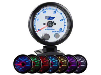 3-3/4-Inch On-Dash Diesel Tachometer Gauge; White 7 Color (Universal; Some Adaptation May Be Required)