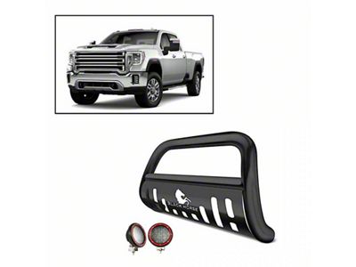 Bull Bar with 5.30-Inch Red Round Flood LED Lights; Black (20-24 Sierra 2500 HD)