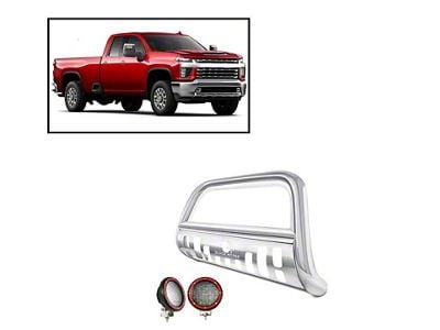 Bull Bar with 5.30-Inch Red Round Flood LED Lights; Stainless Steel (20-24 Sierra 2500 HD)