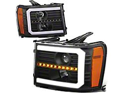 C-Bar LED DRL Sequential Projector Headlights with Amber Corners; Black Housing; Clear Lens (07-14 Sierra 2500 HD)