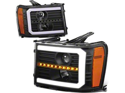 C-Bar LED DRL Sequential Projector Headlights with Amber Corners; Black Housing; Clear Lens (07-14 Sierra 2500 HD)