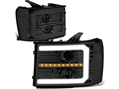 C-Bar LED DRL Sequential Projector Headlights with Clear Corners; Chrome Housing; Smoked Lens (07-14 Sierra 2500 HD)