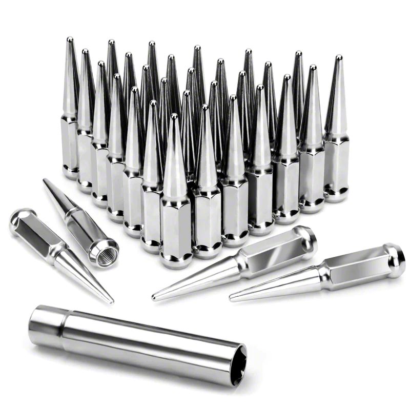 32pc Chrome Spike Lug Nuts 14x1.5 – 4.5" Tall W/Key – For GMC Sierra 1500 2500 3500HD