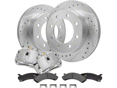 Drilled and Slotted 8-Lug Brake Rotor, Pad and Caliper Kit; Front (07-10 Sierra 2500 HD)