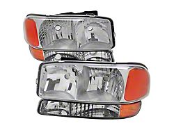 Factory Style Headlights with Bumper Lights and Amber Reflectors; Chrome Housing; Clear Lens (01-06 Sierra 2500 HD, Excluding Denali)