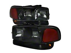 Factory Style Headlights with Bumper Lights and Amber Reflectors; Matte Black Housing; Smoked Lens (01-06 Sierra 2500 HD, Excluding Denali)
