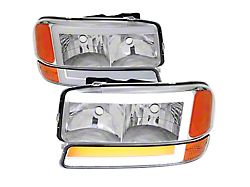 Factory Style Headlights with Sequential Turn Signal Bumper Lights; Chrome Housing; Clear Lens (01-06 Sierra 2500 HD, Excluding Denali)