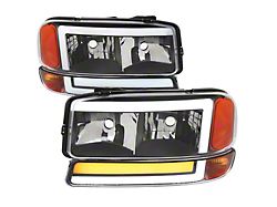 Factory Style Headlights with Sequential Turn Signal Bumper Lights; Matte Black Housing; Clear Lens (01-06 Sierra 2500 HD, Excluding Denali)