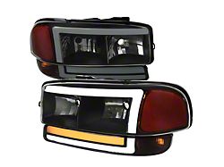 Factory Style Headlights with Sequential Turn Signal Bumper Lights; Matte Black Housing; Smoked Lens (01-06 Sierra 2500 HD, Excluding Denali)