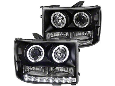 SMD Dual Halo Projector Headlights; Matte Black Housing; Clear Lens (07-14 Sierra 2500 HD)