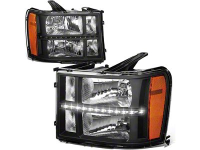 LED DRL Strip Headlights with Amber Corners; Black Housing; Clear Lens (07-14 Sierra 2500 HD)
