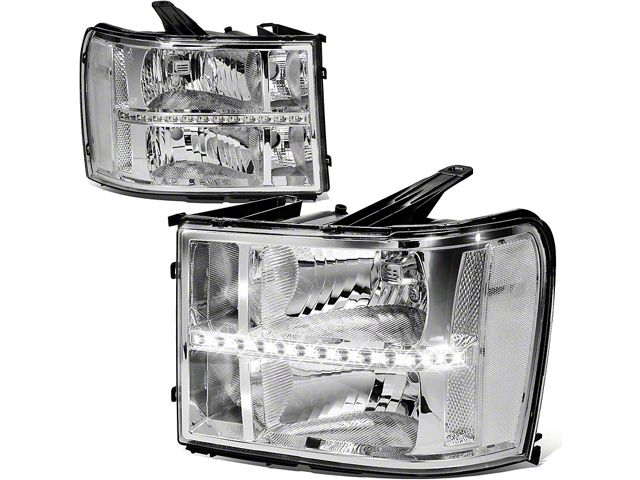 LED DRL Strip Headlights with Clear Corners; Chrome Housing; Clear Lens (07-14 Sierra 2500 HD)
