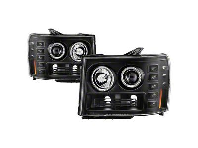 LED Halo Projector Headlights; All Black Housing; Clear Lens (07-14 Sierra 2500 HD)