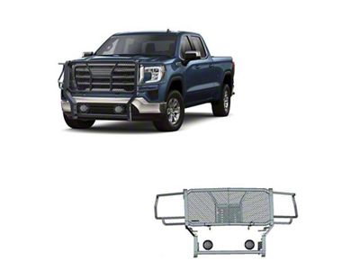 Rugged Heavy Duty Grille Guard with 5.30-Inch Black Round Flood LED Lights; Black (20-23 Sierra 2500 HD)