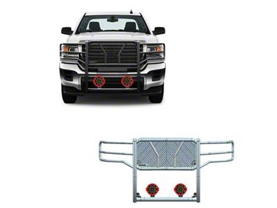 Rugged Heavy Duty Grille Guard with 7-Inch Red Round Flood LED Lights; Black (15-19 Sierra 2500 HD, Excluding Denali)