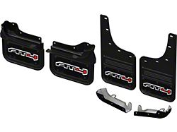 Black Wrap No-Drill Mud Flaps with AT4 Logo and Cap Kit; Front and Rear (20-26 Sierra 3500 HD SRW)