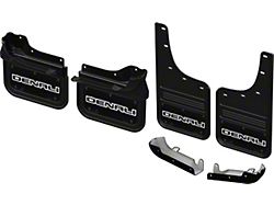 Black Wrap No-Drill Mud Flaps with Denali Logo and Cap Kit; Front and Rear (20-26 Sierra 3500 HD SRW)