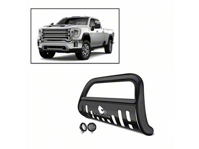 Bull Bar with 5.30-Inch Black Round Flood LED Lights; Black (20-24 Sierra 3500 HD)