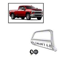 Bull Bar with 5.30-Inch Black Round Flood LED Lights; Stainless Steel (20-26 Sierra 3500 HD)