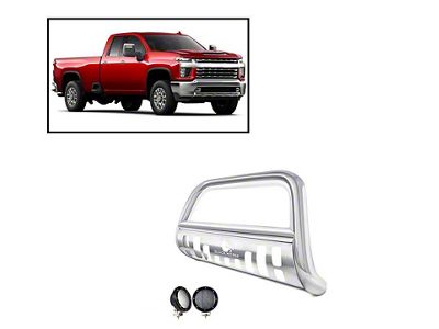 Bull Bar with 5.30-Inch Black Round Flood LED Lights; Stainless Steel (20-24 Sierra 3500 HD)