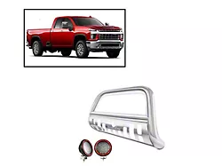 Bull Bar with 5.30-Inch Red Round Flood LED Lights; Stainless Steel (20-25 Sierra 3500 HD)