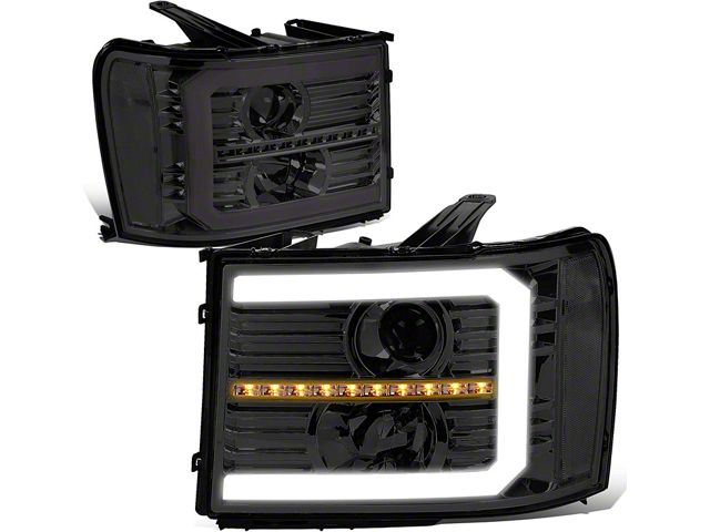 C-Bar LED DRL Sequential Projector Headlights with Clear Corners; Chrome Housing; Smoked Lens (07-14 Sierra 3500 HD)