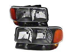 Factory Style Headlights with Bumper Lights and Amber Reflectors; Matte Black Housing; Clear Lens (01-06 Sierra 3500 HD)