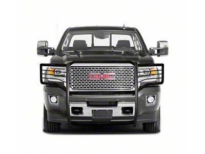 Grille Guard with 5.30-Inch Black Round Flood LED Lights; Black (15-19 Sierra 3500 HD, Excluding Denali)