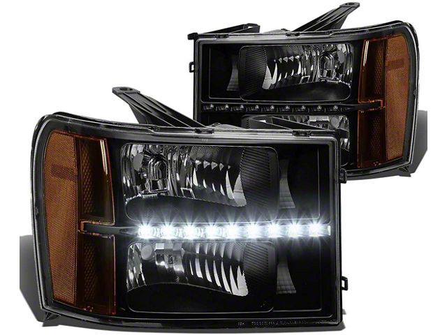 LED DRL Headlights with Amber Corner Lights; Black Housing; Clear Lens (07-14 Sierra 3500 HD)