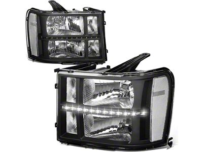 LED DRL Strip Headlights with Clear Corners; Black Housing; Clear Lens (07-14 Sierra 3500 HD)