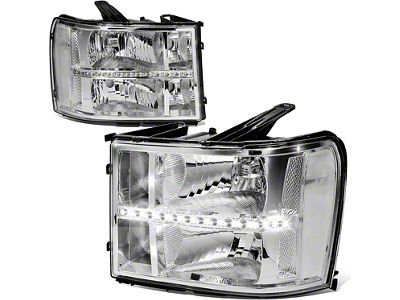 LED DRL Strip Headlights with Clear Corners; Chrome Housing; Clear Lens (07-14 Sierra 3500 HD)