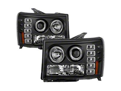 LED Halo Projector Headlights; Black Housing; Clear Lens (07-14 Sierra 3500 HD)