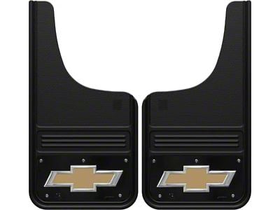 12-Inch x 23-Inch Mud Flaps with Gold Bowtie Logo; Front or Rear (Universal; Some Adaptation May Be Required)