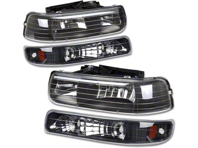 4-Piece Headlights with Amber Corner Lights; Black Housing; Clear Lens (99-02 Silverado 1500)