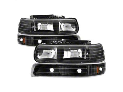 Amber Crystal Headlights with Bumper Lights; Black Housing; Clear Lens (99-02 Silverado 1500)