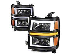 Box-Shaped LED DRL Sequential Headlights with Amber Corners; Black Housing; Clear Lens (14-15 Silverado 1500)