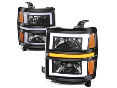 Box-Shaped LED DRL Sequential Headlights with Amber Corners; Black Housing; Clear Lens (14-15 Silverado 1500)