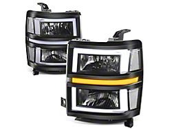 Box-Shaped LED DRL Sequential Headlights with Clear Corners; Black Housing; Clear Lens (14-15 Silverado 1500)