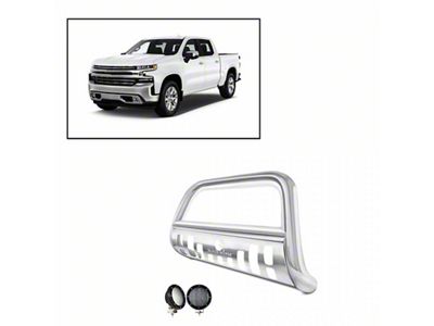 Bull Bar with 5.30-Inch Black Round Flood LED Lights; Stainless Steel (19-23 Silverado 1500)