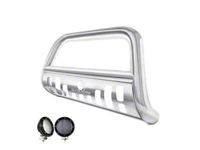 Bull Bar with 5.30-Inch Black Round Flood LED Lights; Stainless Steel (99-06 Silverado 1500)