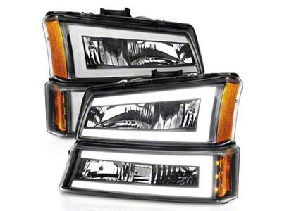 C-Light Bar Style Crystal Headlights; Black Housing; Clear Lens (03-06 Silverado 1500)