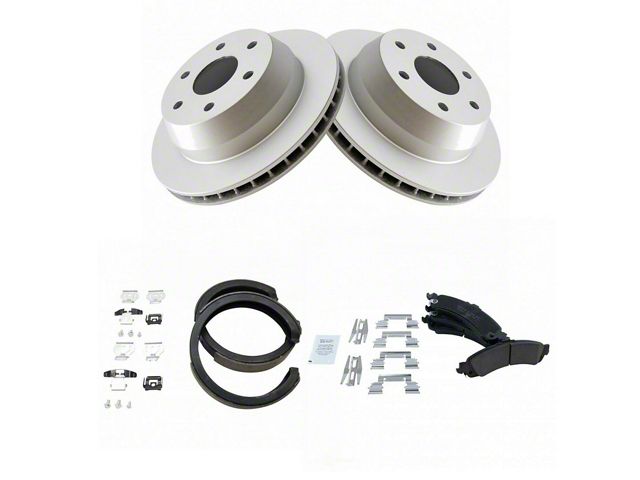 Ceramic 6-Lug Brake Rotor, Pad and Parking Shoe Kit; Rear (02-06 Silverado 1500 w/ 13-Inch Rotors & Quadrasteer)