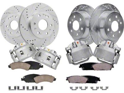 Drilled and Slotted 6-Lug Brake Rotor, Pad and Caliper Kit; Front and Rear (08-13 Silverado 1500 w/ Rear Disc Brakes)