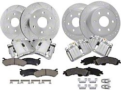 Drilled and Slotted 6-Lug Brake Rotor, Pad and Caliper Kit; Front and Rear (01-06 Silverado 1500 w/ Dual Piston Rear Calipers)