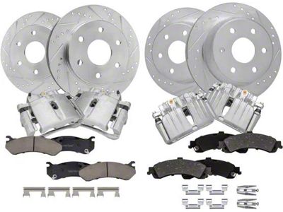 Drilled and Slotted 6-Lug Brake Rotor, Pad and Caliper Kit; Front and Rear (01-06 Silverado 1500 w/ Dual Piston Rear Calipers)