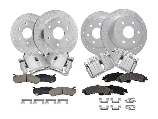 Drilled and Slotted 6-Lug Brake Rotor, Pad and Caliper Kit; Front and Rear (01-06 Silverado 1500 w/ Dual Piston Rear Calipers)