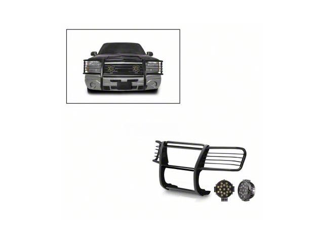 Grille Guard with 7-Inch Black Round LED Lights; Black (99-02 Silverado 1500)