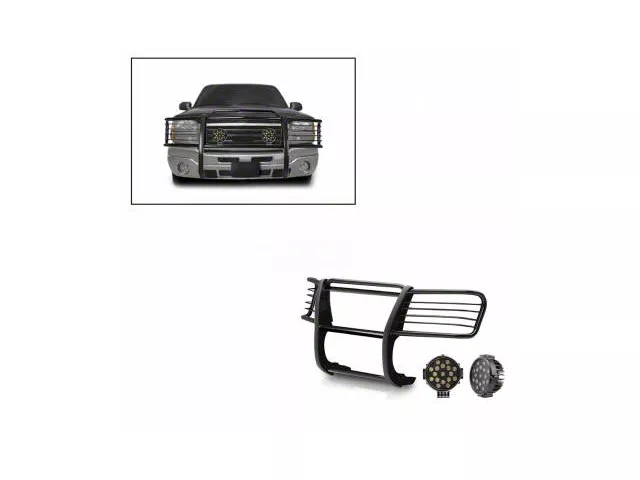 Grille Guard with 7-Inch Black Round LED Lights; Black (99-02 Silverado 1500)