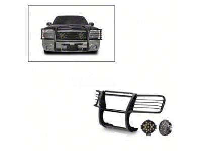 Grille Guard with 7-Inch Black Round LED Lights; Black (99-02 Silverado 1500)