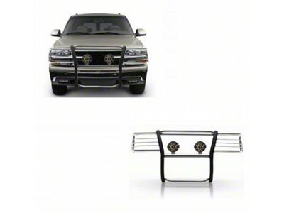 Grille Guard with 7-Inch Black Round LED Lights; Stainless Steel (99-02 Silverado 1500)